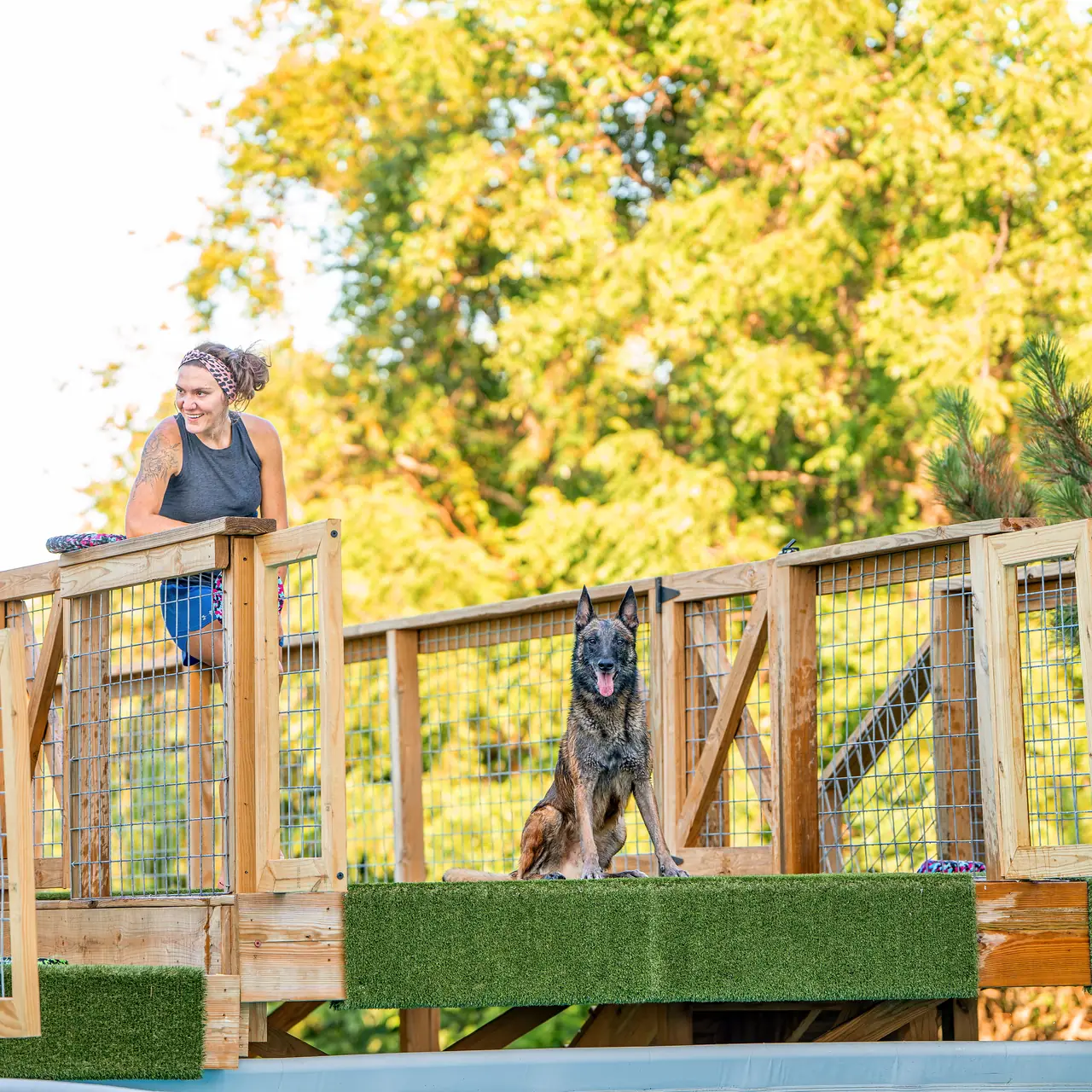 Handler smiling over the wood-and-wire dock railing while a Malinois waits calmly on the turf dock